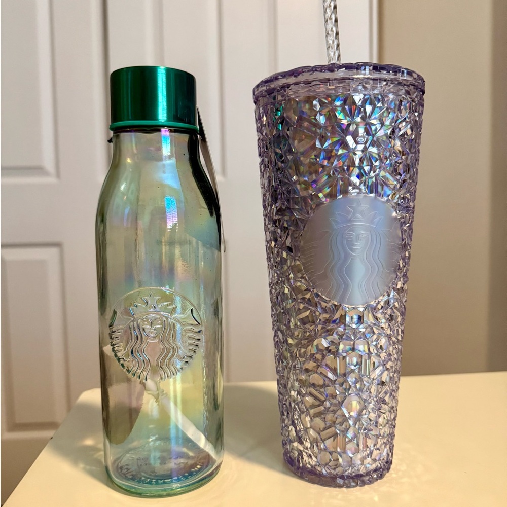 Brand New Starbucks Green Iridescent Bottle and Crystal Tumbler Set